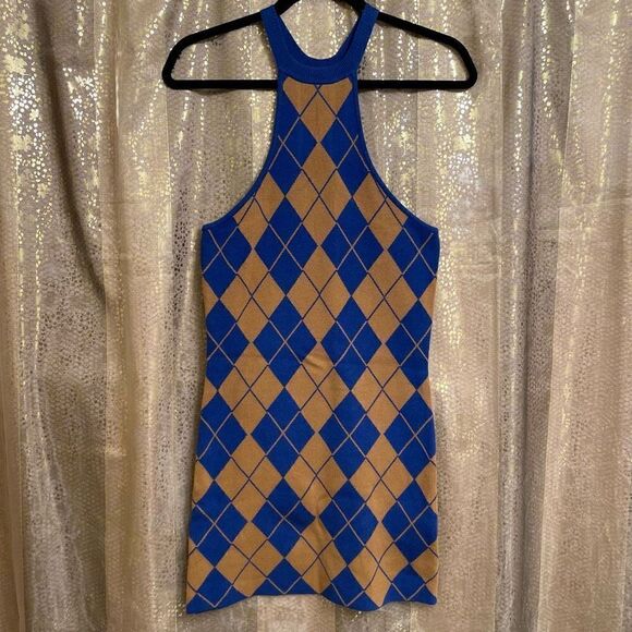 Urban Outfitters Blue Tan High Neck Argyle Mini Sweater Dress, Small NWT - Picture 1 of 9